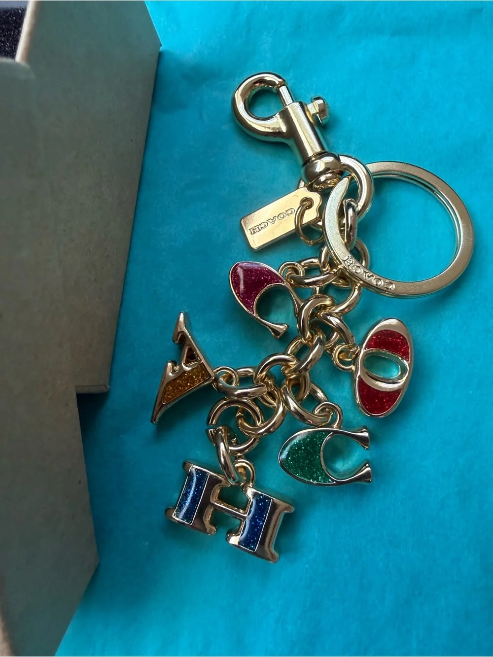 Coach Keychain Bag Charm Rainbow Color letters new in box